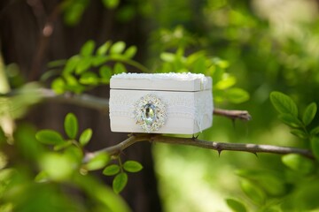 Decorated white casket on a tree branch