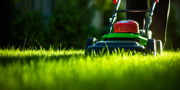 Enthralling view of gardeners hands operating a lawnmower over lush green grass, digital light trail emphasizing precise care, evokes tranquillity and harmony with nature. Generative AI