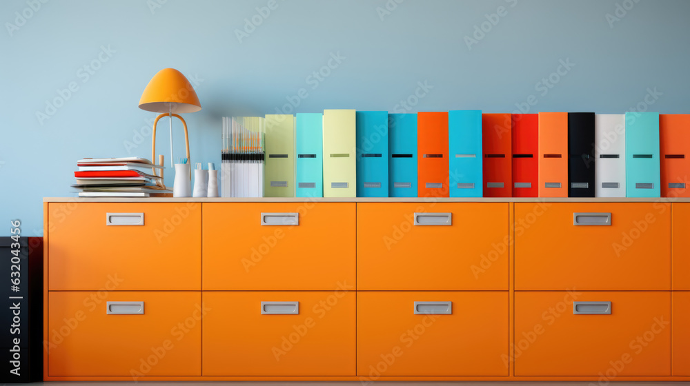 Poster shelving with folders. stack of business papers on the shelfs. created with generative ai technology