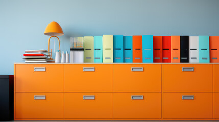 Shelving with folders. Stack of business papers on the shelfs. Created with Generative AI technology.