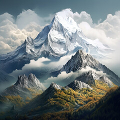 Snow covered rocks and mountains with clouds. AI generated