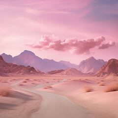 Naklejka premium Futuristic pink landscape with mountains and road. AI generated