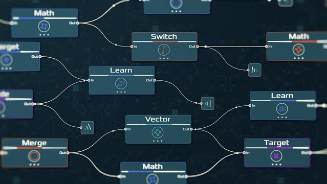 neural network model, machine learning, node interface, programming ai, big data, training ai (3d render)
