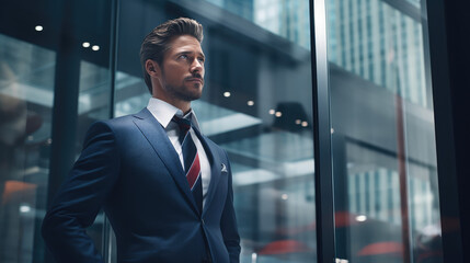 Naklejka premium Confident CEO Posing by Glass Window