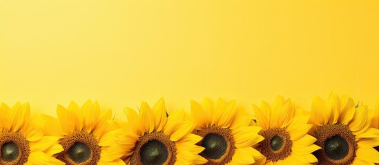 Naklejka premium Sunflowers with a yellow color are pictured against a background suitable for adding text. showcases the beauty of fresh sunflowers, and provides a flat lay perspective from the top. autumn or summer