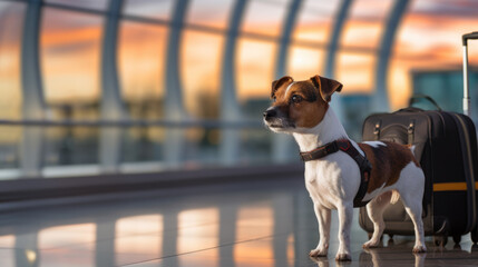 A Jack Russell dog standing at the airport near suitcases. Created with Generative AI technology.