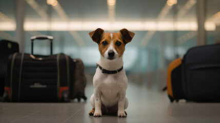 A Jack Russell dog standing at the airport near suitcases. Created with Generative AI technology.