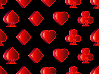 Seamless pattern with card suits: diamonds, hearts, clubs, spades in 3d style. Isometric card suits in red on a black background. Design of printing, advertising and banners. Vector illustration