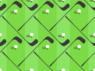 Seamless pattern with golf clubs and balls on a green field. Golf club and golf ball in minimalist style. Design of typography, banners and posters, advertising products. Vector illustration
