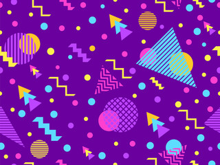 Memphis seamless pattern with geometric shapes in 80s style. Colorful geometric pattern. Design of promotional products, wrapping paper and printing. Vector illustration