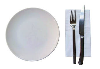 White empty plate, metal knife, fork and napkin on isolated background. Cutlery for serving. Top...