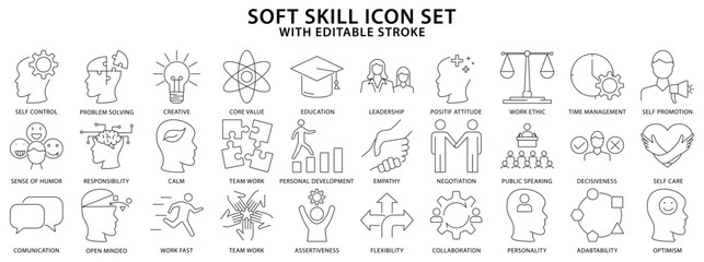 Soft Skill Icons. Set icon about Soft Skills. Soft skills line icons. Vector illustration. editable stroke.