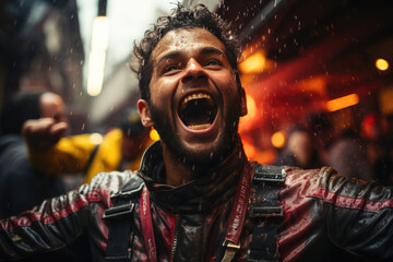 Obraz premium Euphoric Race Car Driver Celebrates Grand Prix Victory