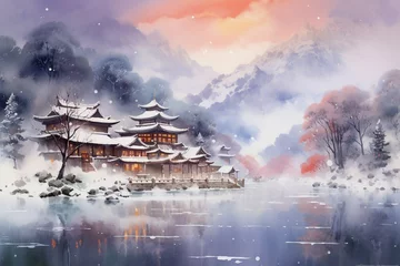Poster Watercolor Seasons: Snow-Covered Village. Generative AI © Henry Saint John