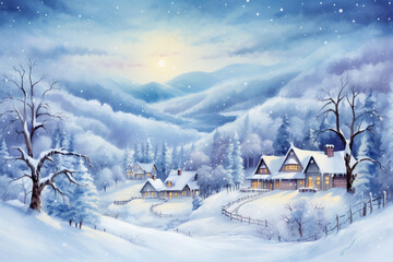 Fototapeta premium Watercolor Seasons: Snow-Covered Village. Generative AI