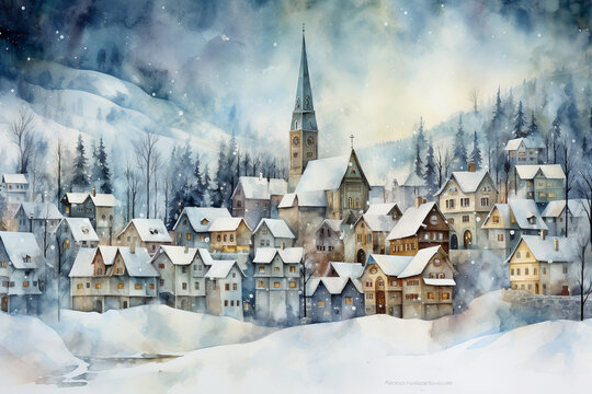 Watercolor Seasons: Snow-Covered Village. Generative AI