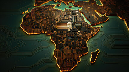 Map of Africa in the form of a microchip structure. Created with Generative AI technology.