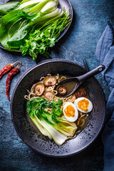 Miso ramen Asian noodles soup with shiitake, egg and pak choi cabbage on dark background
