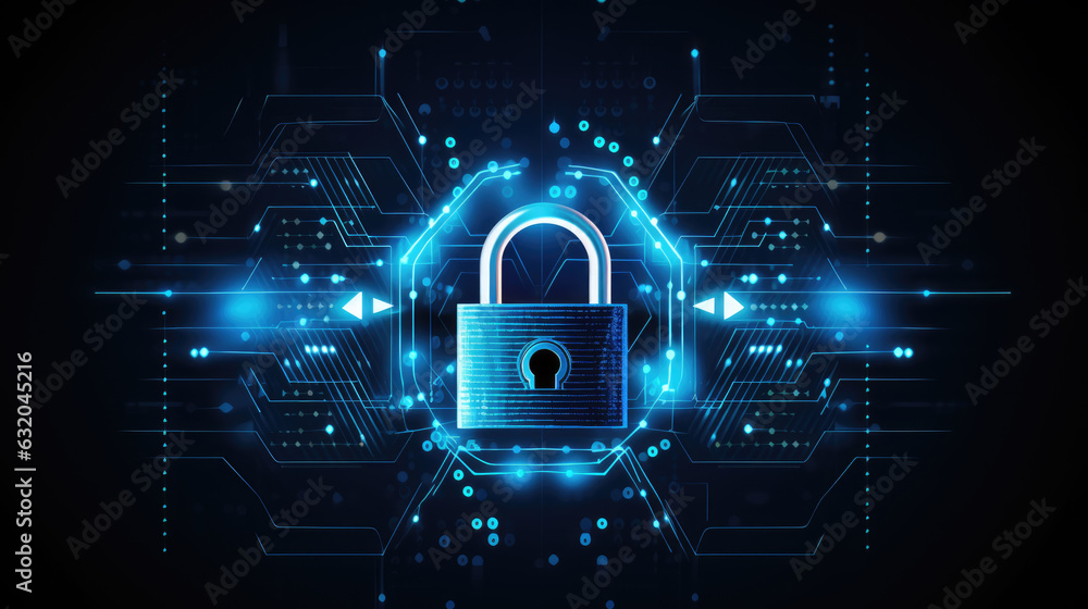 Poster closed digital lock key on digital background. cybersecurity and information or network protection. 