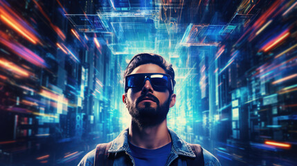 an wearing virtual reality goggles is immersed in the meta universe. Created with Generative AI technology.