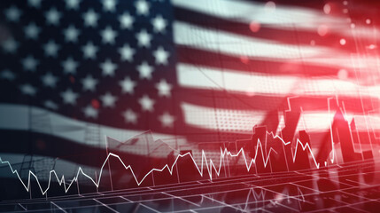 Abstract virtual financial graph hologram on USA flag and sunset sky background, forex and investment concept. Multiexposure. Created with Generative AI technology. - obrazy, fototapety, plakaty