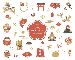 日本の正月の縁起物のアイコンコレクション。和風の素材集。