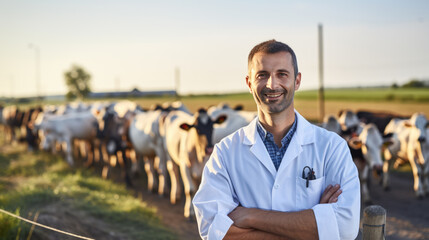 A veterinarian stands in front of cows and smiles for the camera. Created with Generative AI technology. - obrazy, fototapety, plakaty