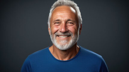 Obraz premium Handsome old man smiling on grey background. Created with Generative AI technology.