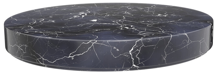 Circular Nero marquin black marble podium on a transparent backdrop. Sophisticated platform for showcasing products and cosmetics. Base or display for beauty items. Blank setting. Created using 3D