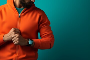 hombre fitness musculado que lleva un smartwatch, mockup reloj para hacer entrenamiento con colores vivos - obrazy, fototapety, plakaty