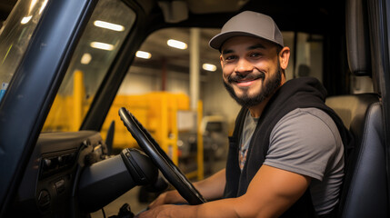 Happy smiling truck driver. Created with Generative AI technology.