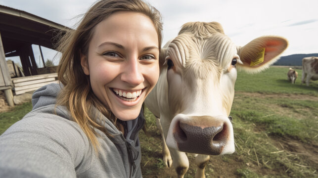 Happy veterinarian woman smiling while making selfie with the cow in the farm. Created with Generative AI technology.