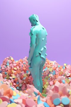 Hombre overthinking con colores pastel 3d, importancia de la salud mental, cerebro pensando render colores aesthetic