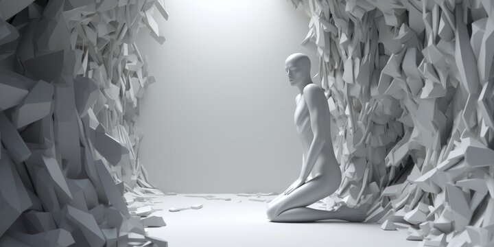 Persona overthinking sobre colores blancos 3d, importancia de la salud mental, soledad y angustia