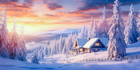 Beautiful snowy winter landscape panorama with forest and sun. Winter sunset in forest panoramic view. sun shines through snow covered trees. Generative AI.