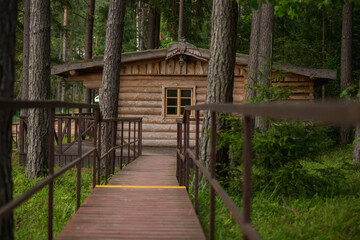 wooden bridge and house in the forest 