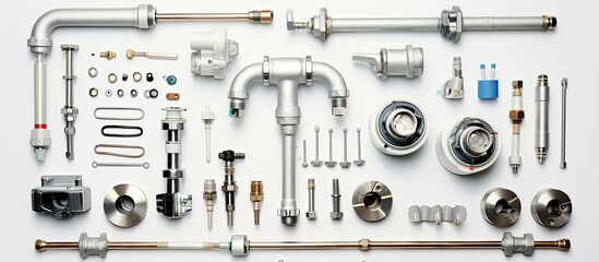 Obraz premium A collection of plumbing fixtures for a bathroom or shower is presented on a white background. is taken from a top-down perspective, providing a flat lay view. empty space available for adding text.