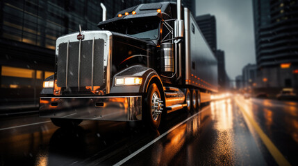 Fototapeta na wymiar American style Truck driving on the asphalt road at night. Created with Generative AI technology.