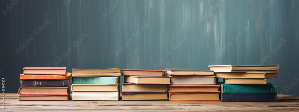 Poster stack of books on wooden table against a wooden background. created with generative ai technology.