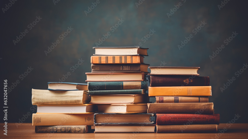 Poster stack of books on wooden table against a dark background. created with generative ai technology.