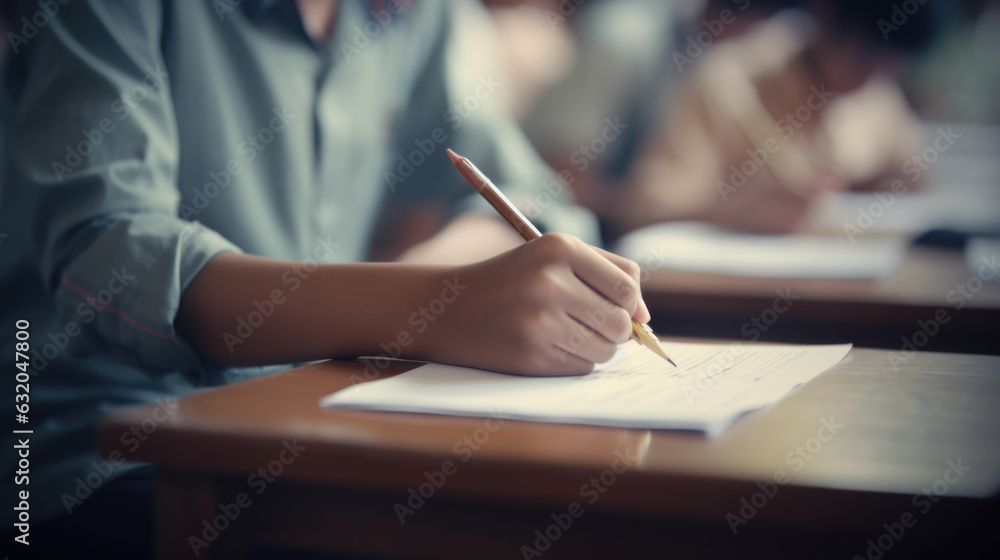 Poster a close-up of a student writing in a notebook during an exam. created with generative ai technology.
