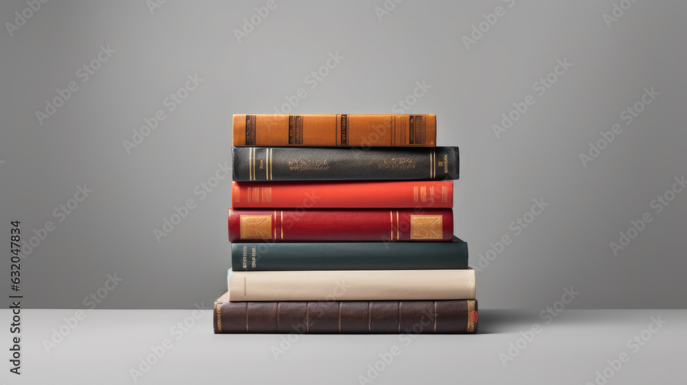 Poster a stack of books on a table against a gray wall.created with generative ai technology.
