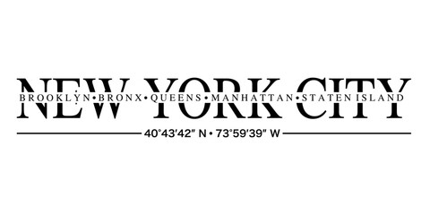 Vector graphics t-shirt New York, city districts, location with coordinates. Print design