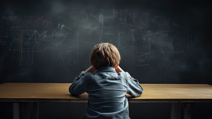 Struggling schoolboy holding his head while sitting in school class against the backdrop of the blackboard. Created with Generative AI technology.