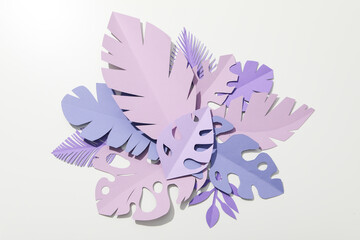 Fototapeta na wymiar Paper purple tropical leaves on a light background