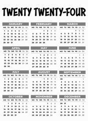 2024 Monday Start Vertical Black and White Calendar Template, Simple layout of pocket or wall calenders. Desk calendar template. Yearly Stationery organizer in minimal design