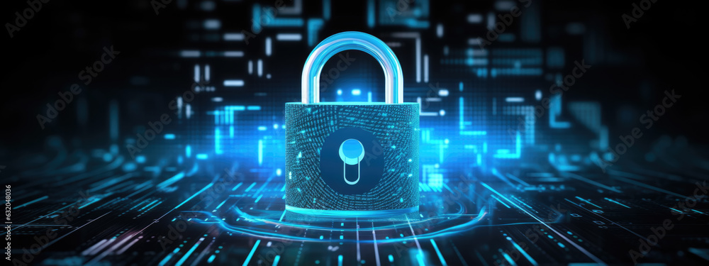 Poster closed digital lock key on digital background. cybersecurity and information or network protection. 