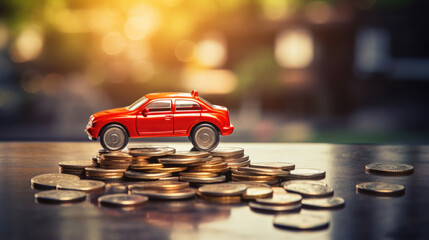 Mini model of red car with golden coins. Insurance concept. Created with Generative AI technology.