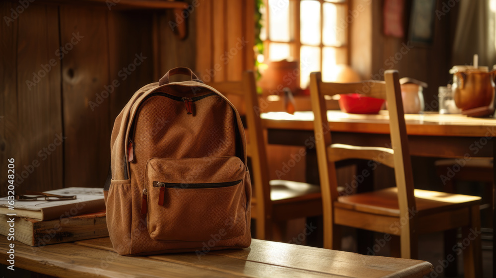 Poster backpack with school supplies on the table in the classroom. created with generative ai technology.