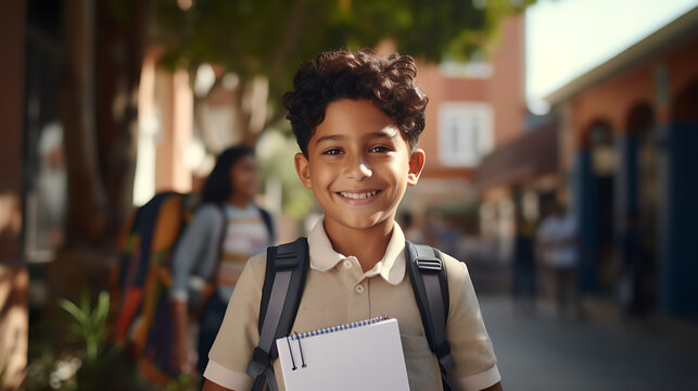 Little schoolboy stands outside the school with a backpack on his back. Back to school. Created with Generative AI technology.